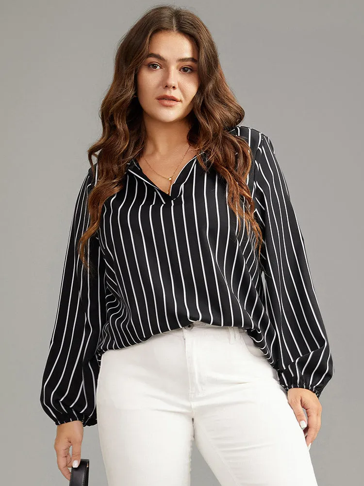 Striped Shirt Collar Lantern Sleeve Blouse sold by Bloomchic