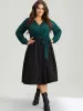 Contrast Patchwork Bowknot Overlap Collar Dress sold by Bloomchic