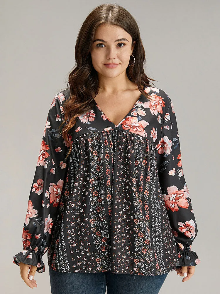 Floral Print Flutter Sleeve Patchwork Blouse sold by Bloomchic