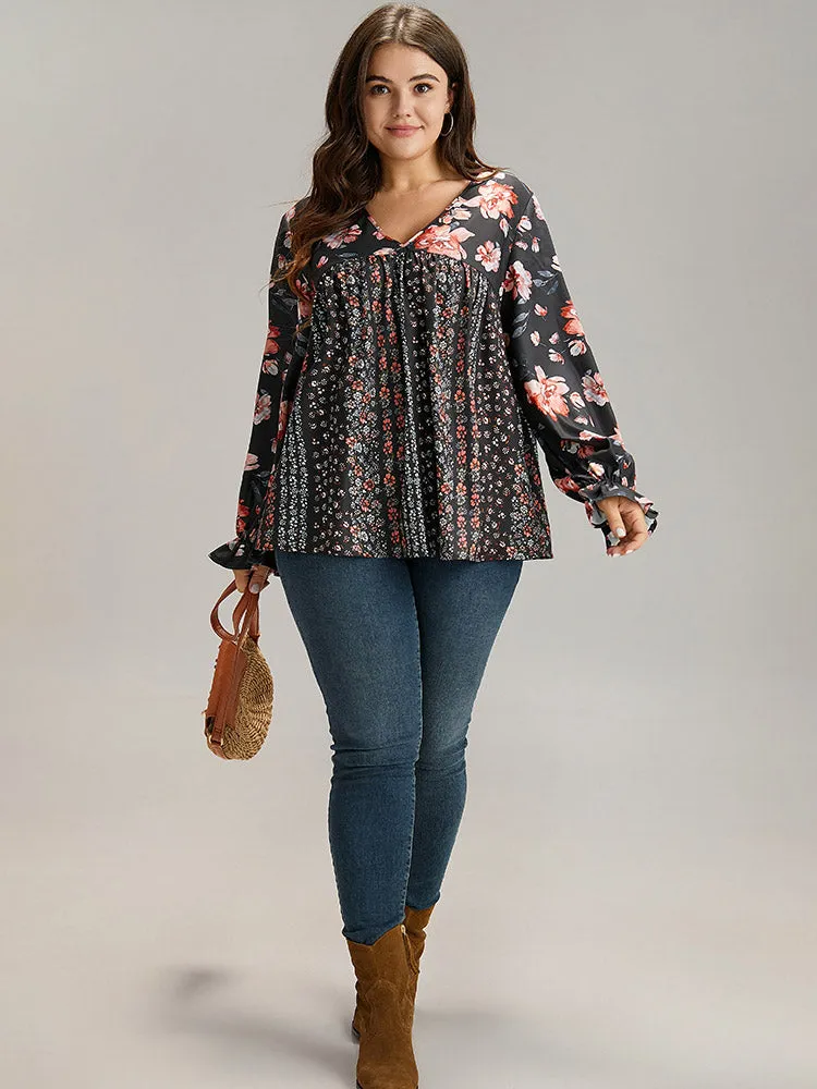 Floral Print Flutter Sleeve Patchwork Blouse sold by Bloomchic product image thumbnail 3