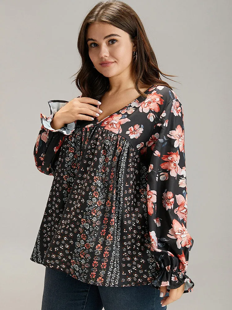 Floral Print Flutter Sleeve Patchwork Blouse sold by Bloomchic product image thumbnail 2