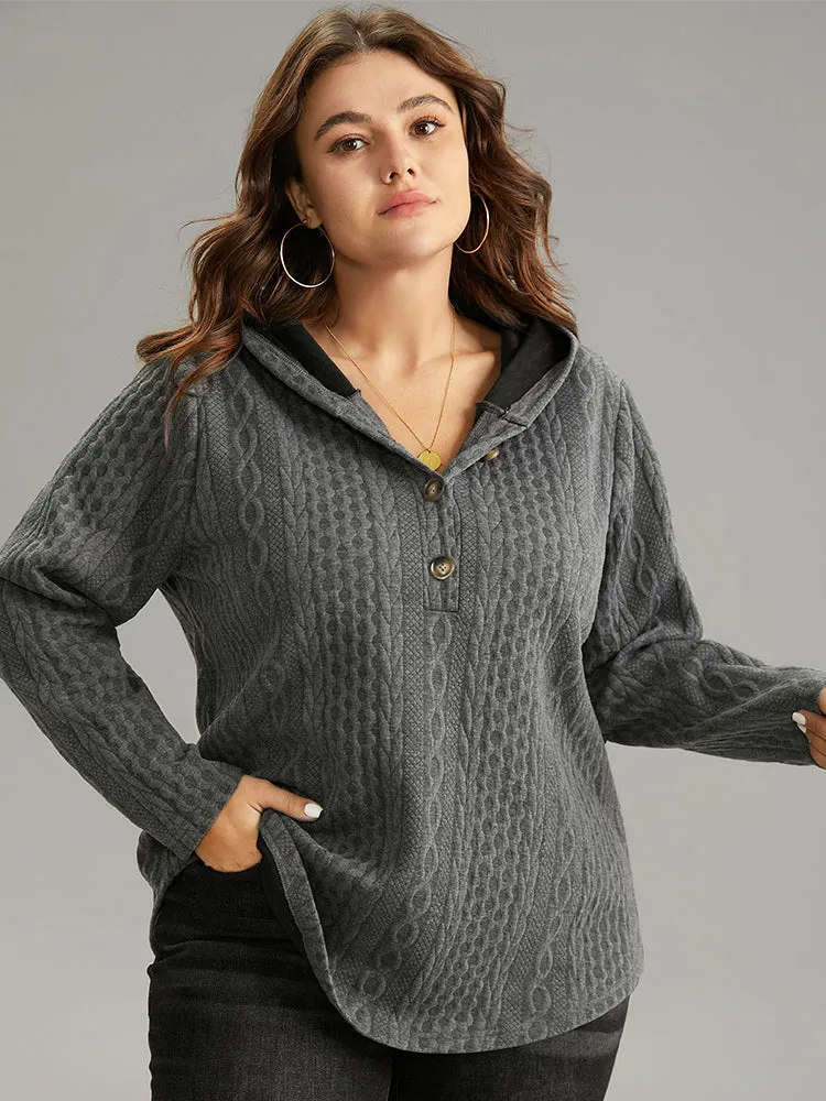 Plisse Button Through Hooded Curved Hem Sweatshirt sold by Bloomchic