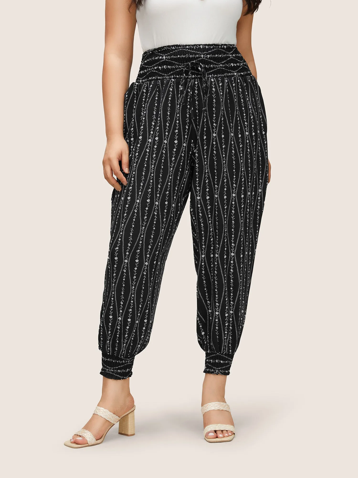 Ditsy Floral Shirred Ties High Rise Harem Pants sold by Bloomchic