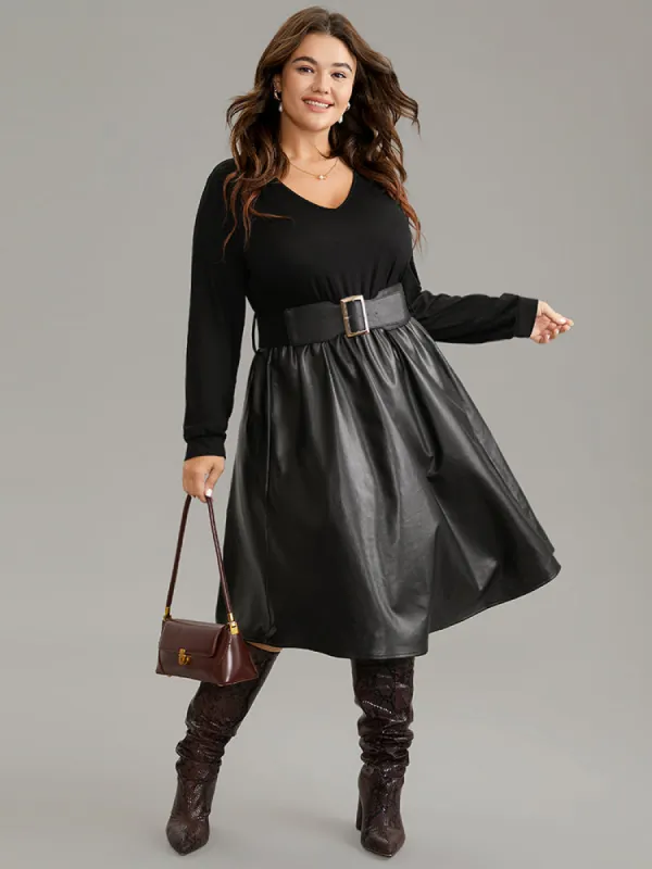 PU Patchwork V Neck Dress With Belt sold by Bloomchic