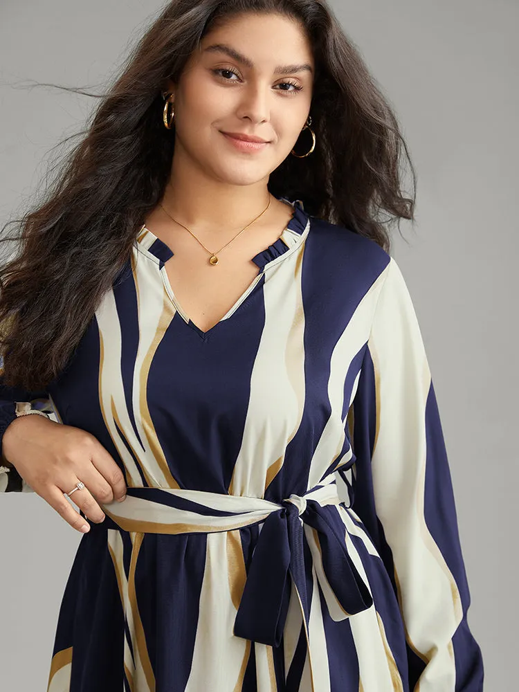 Colorblock Striped Notched Belted Lantern Sleeve Dress sold by Bloomchic product image thumbnail 4