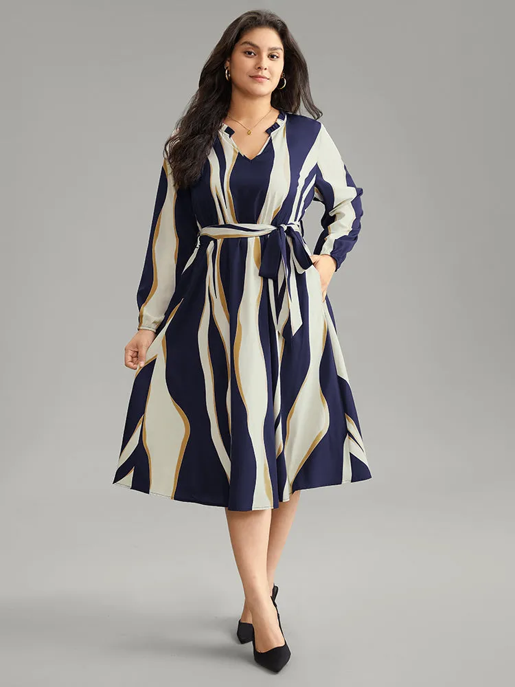 Colorblock Striped Notched Belted Lantern Sleeve Dress sold by Bloomchic