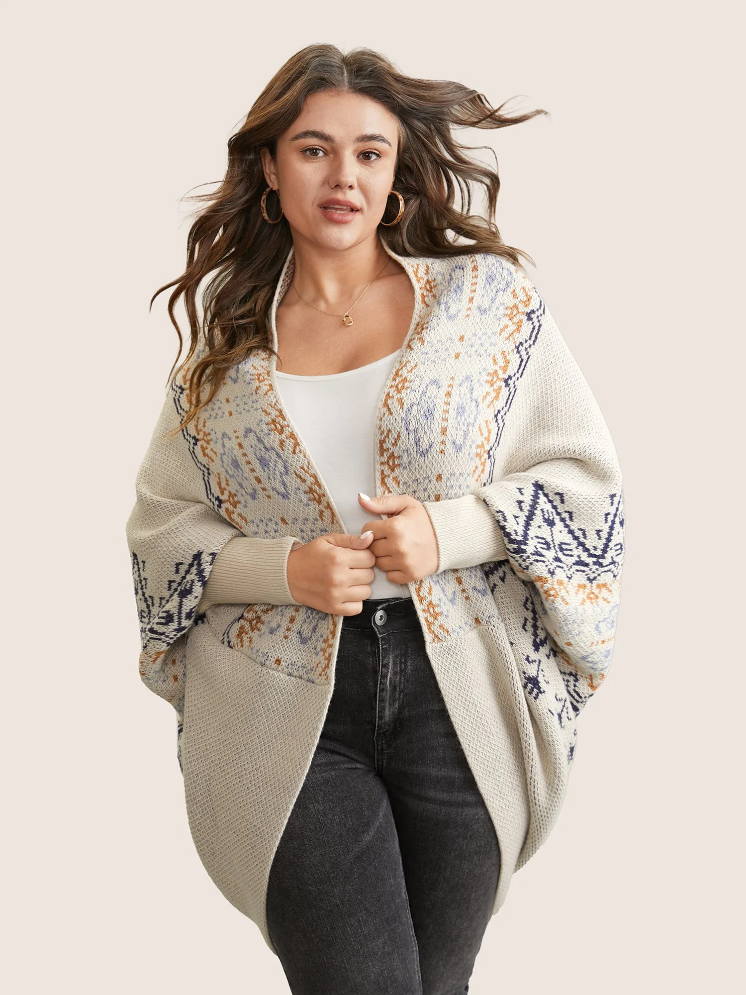 Boho Print Dolman Sleeve Jacquard Cardigan sold by Bloomchic