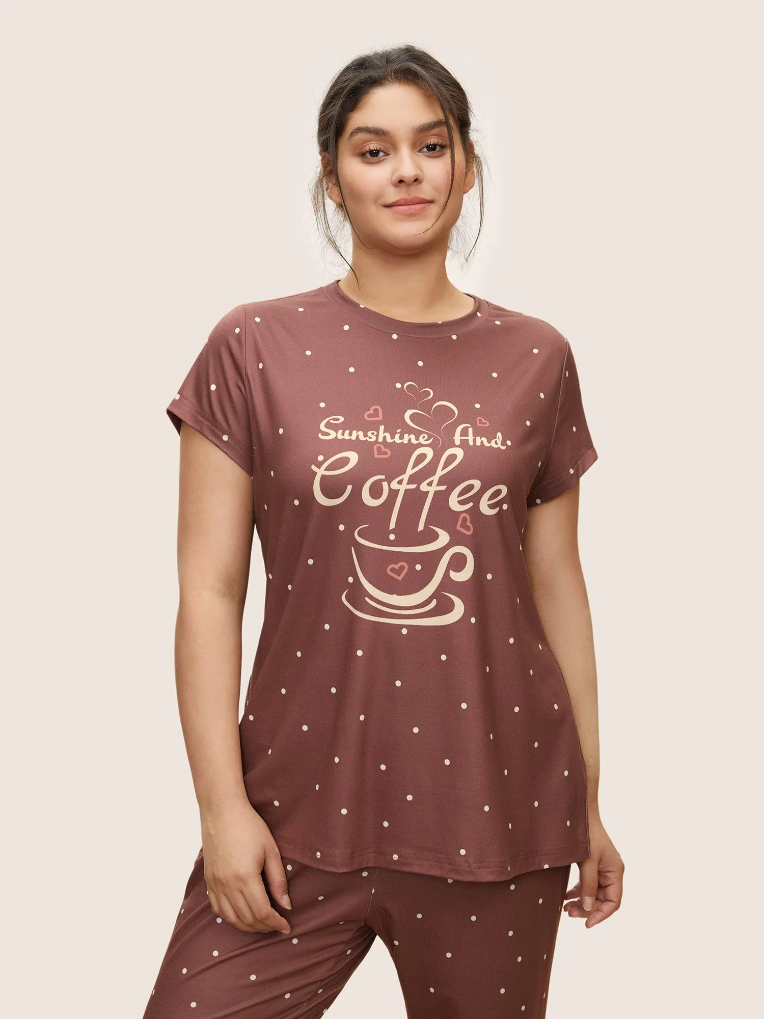 Polka Dot Coffee Print Crew Neck Sleep Top sold by Bloomchic