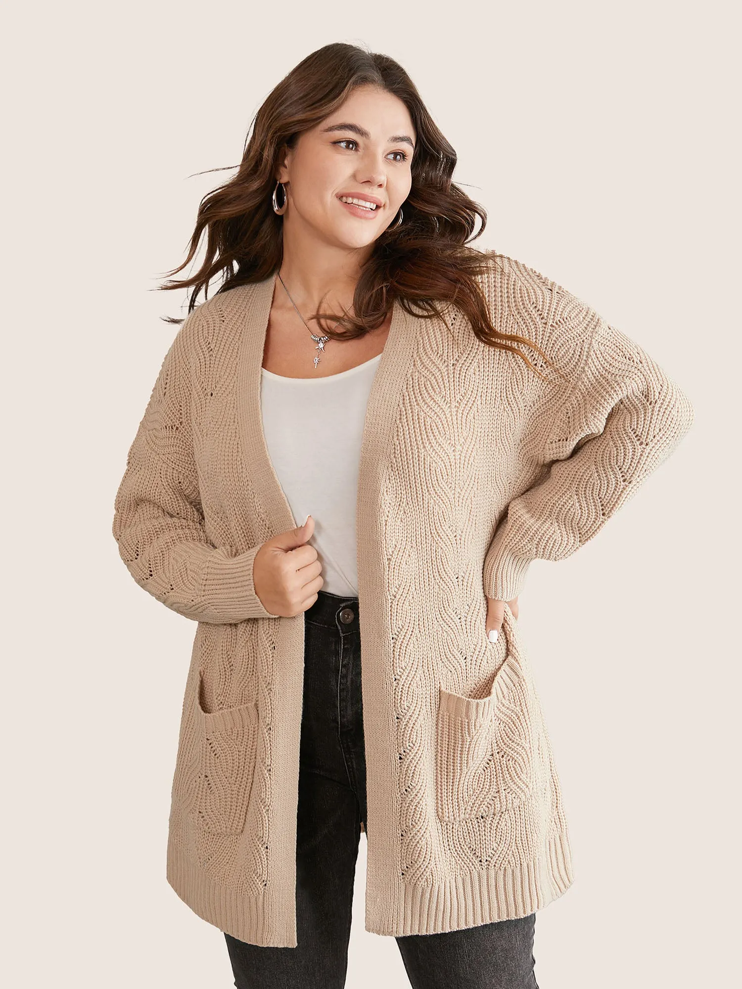 Solid Textured Cable Knit Hollow Out Cardigan sold by Bloomchic