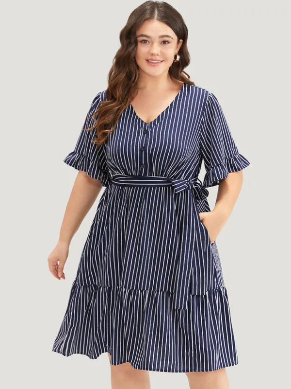 Striped Belted Button Detail Flutter Sleeve Dress sold by Bloomchic