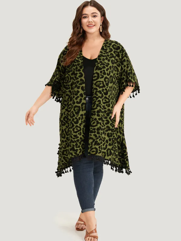 Leopard Print Open Front Tassel Trim Split Hem Kimono sold by Bloomchic
