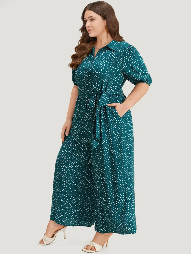 Polka Dot Belted Puff Sleeve Shirt Collar Jumpsuit sold by Bloomchic product image thumbnail 2