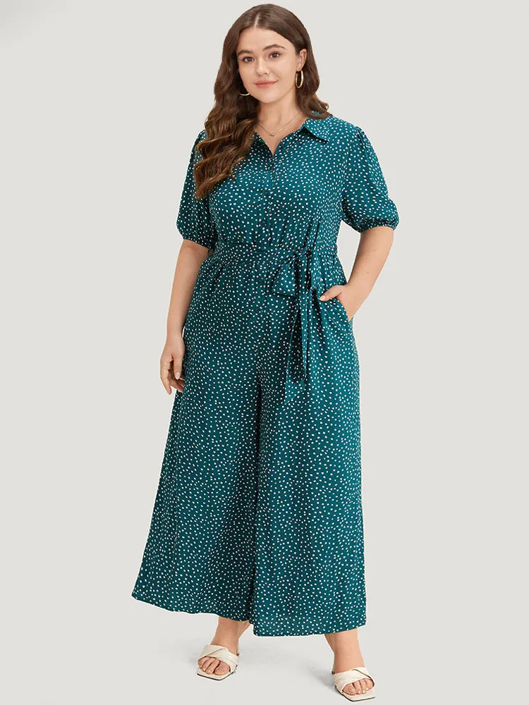 Polka Dot Belted Puff Sleeve Shirt Collar Jumpsuit sold by Bloomchic