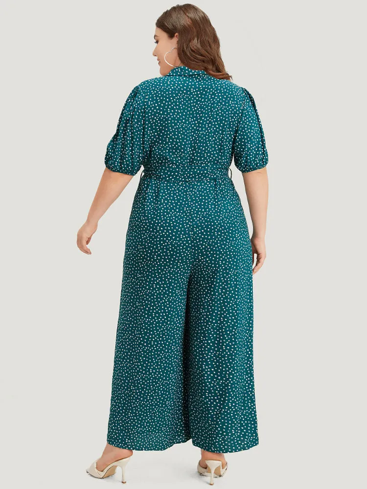 Polka Dot Belted Puff Sleeve Shirt Collar Jumpsuit sold by Bloomchic product image thumbnail 4