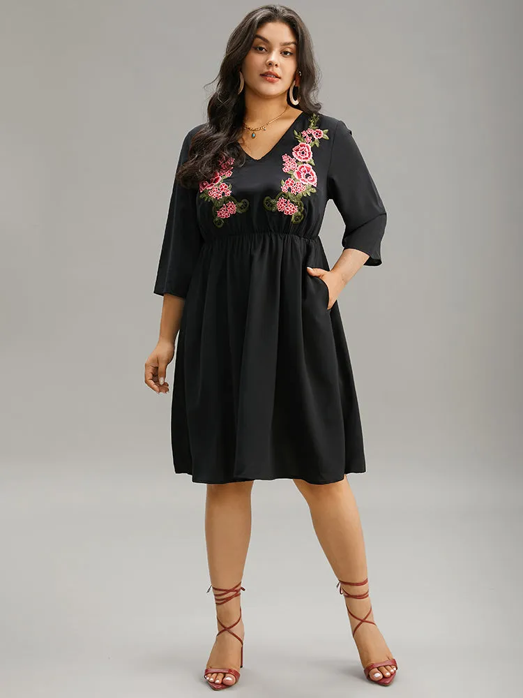 Floral Embroidered Pocket V Neck Dress sold by Bloomchic