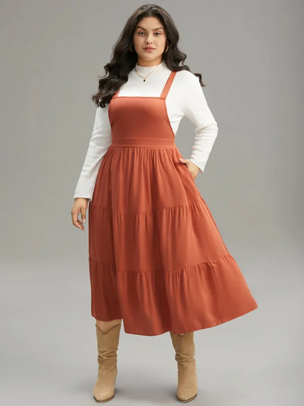 Plain Pocket Gathered Adjustable Straps Layered Hem Dress sold by Bloomchic