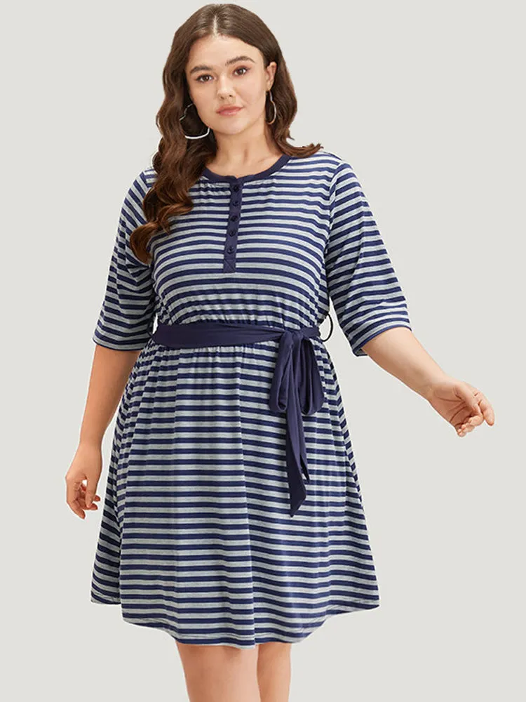 Striped Pocket Button Up Belted Crew Neck Dress sold by Bloomchic
