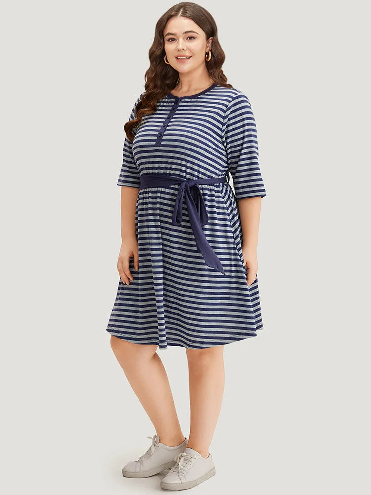 Striped Pocket Button Up Belted Crew Neck Dress sold by Bloomchic product image thumbnail 3