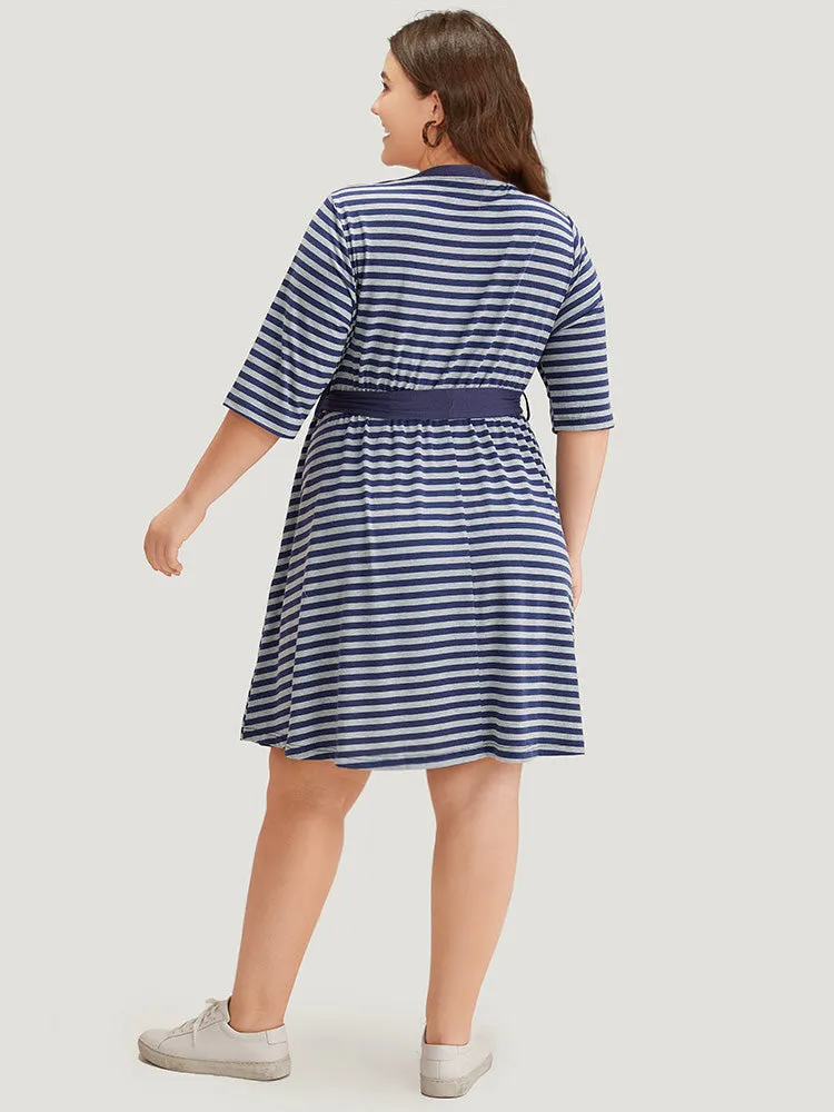 Striped Pocket Button Up Belted Crew Neck Dress sold by Bloomchic product image thumbnail 4