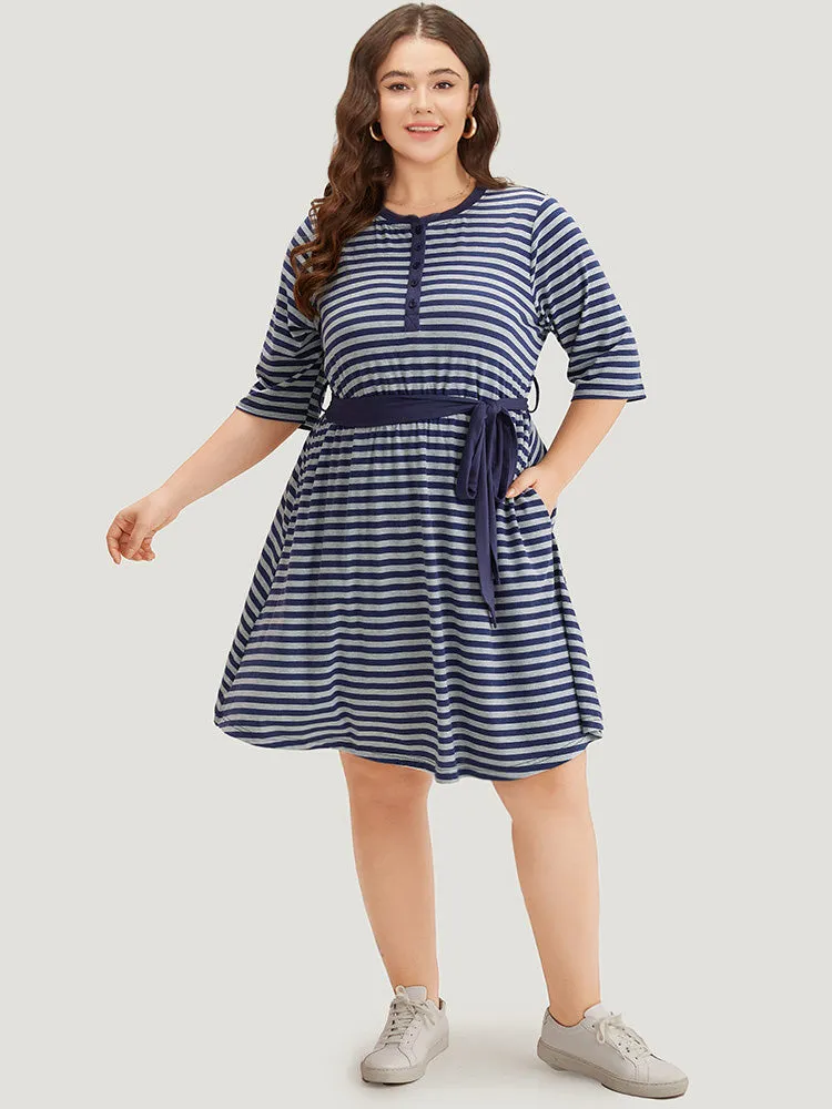 Striped Pocket Button Up Belted Crew Neck Dress sold by Bloomchic product image thumbnail 2