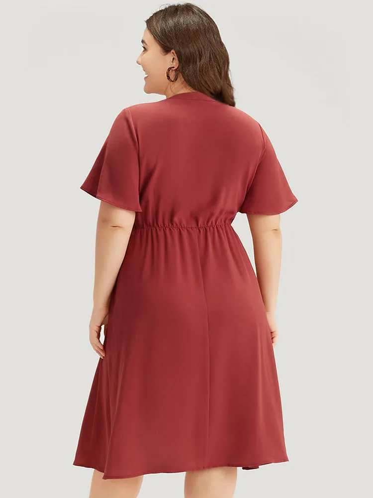 Plain Notched Shirred Button Through Ruffle Sleeve Dress sold by Bloomchic product image thumbnail 4