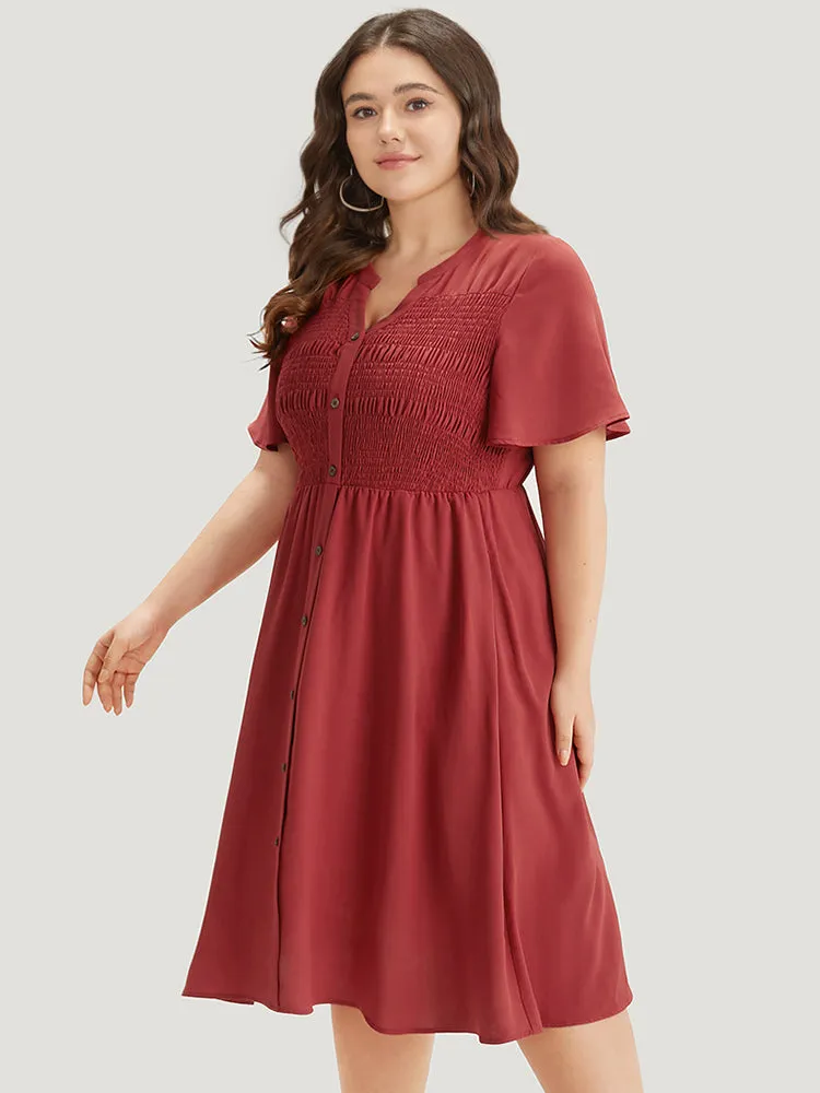 Plain Notched Shirred Button Through Ruffle Sleeve Dress sold by Bloomchic product image thumbnail 3