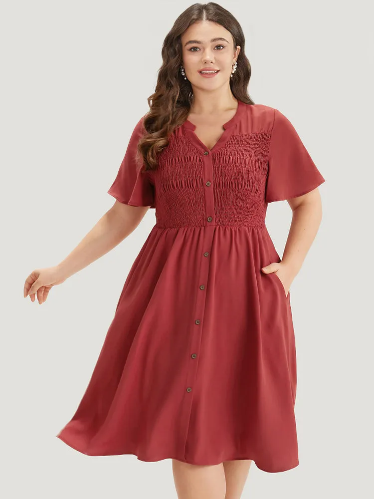Plain Notched Shirred Button Through Ruffle Sleeve Dress sold by Bloomchic product image thumbnail 2
