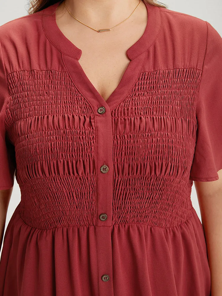 Plain Notched Shirred Button Through Ruffle Sleeve Dress sold by Bloomchic product image thumbnail 5