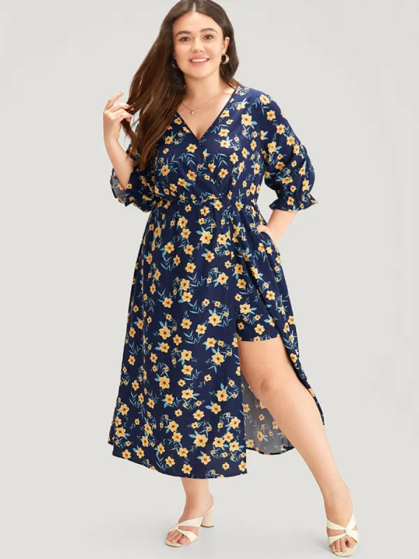 Floral Print Pocket V Neck Wrap Split Hem Jumpsuit sold by Bloomchic