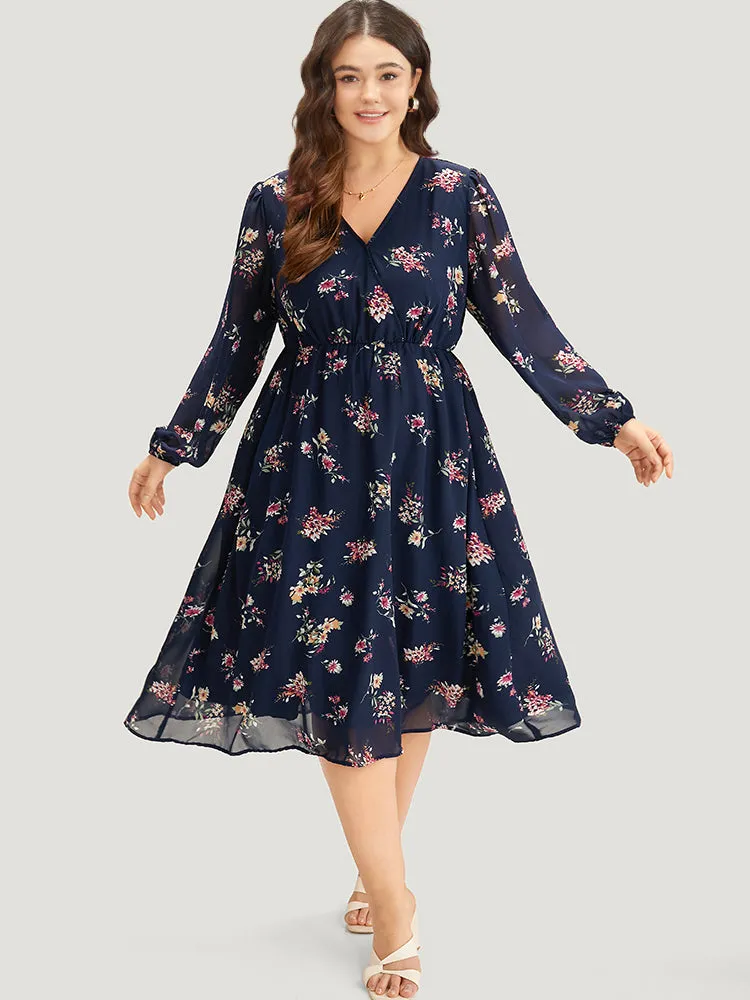 Floral Print Surplice Neck Lantern Sleeve Mesh Dress sold by Bloomchic product image thumbnail 4