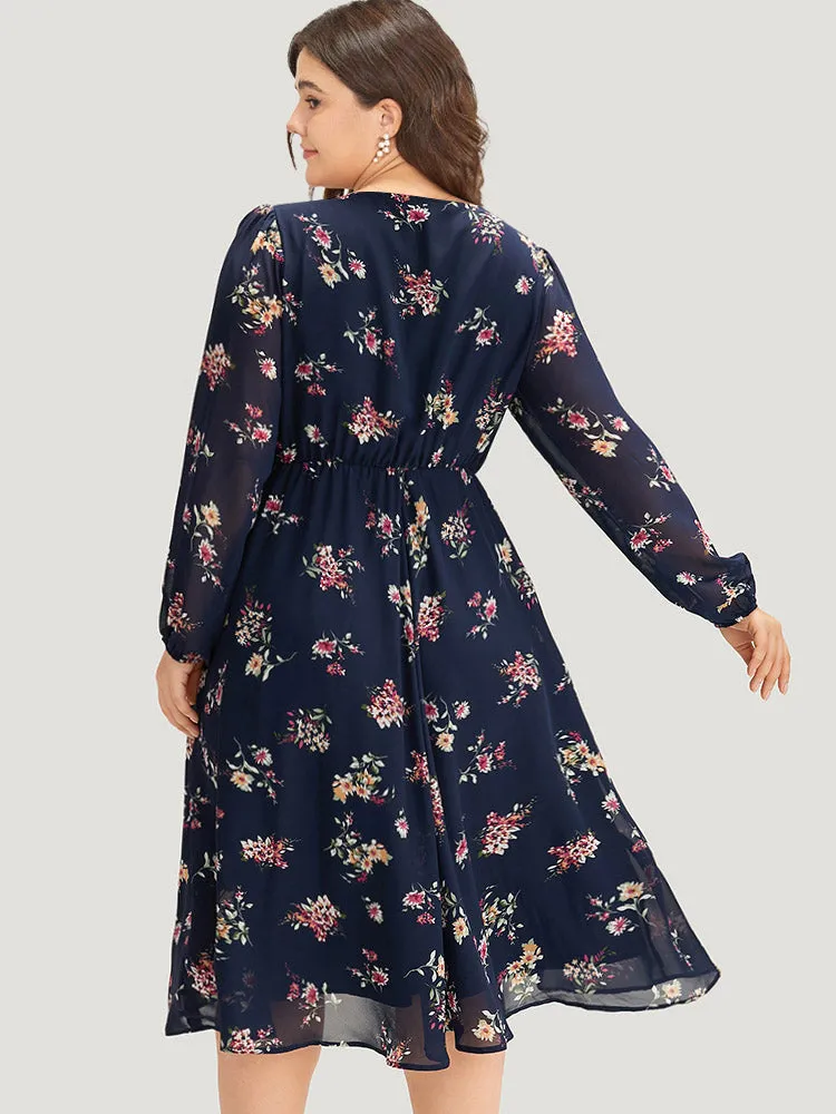 Floral Print Surplice Neck Lantern Sleeve Mesh Dress sold by Bloomchic product image thumbnail 2