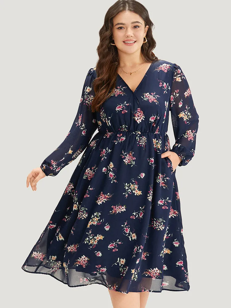 Floral Print Surplice Neck Lantern Sleeve Mesh Dress sold by Bloomchic