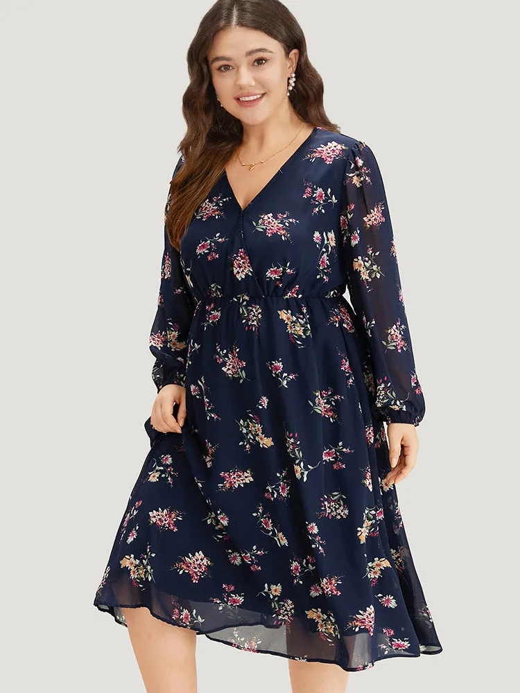 Floral Print Surplice Neck Lantern Sleeve Mesh Dress sold by Bloomchic product image thumbnail 3