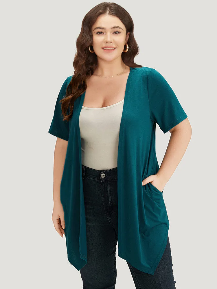 Plain Open Front Pocket Asymmetrical Hem Kimono sold by Bloomchic