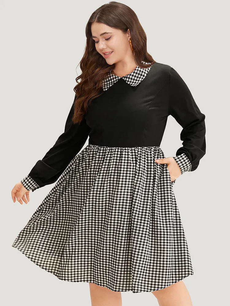 Gingham Patchwork Pocket Shirt Collar Dress sold by Bloomchic