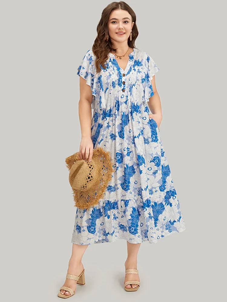 Floral Notched Plicated Detail Ruffle Cap Sleeve Dress sold by Bloomchic product image thumbnail 4