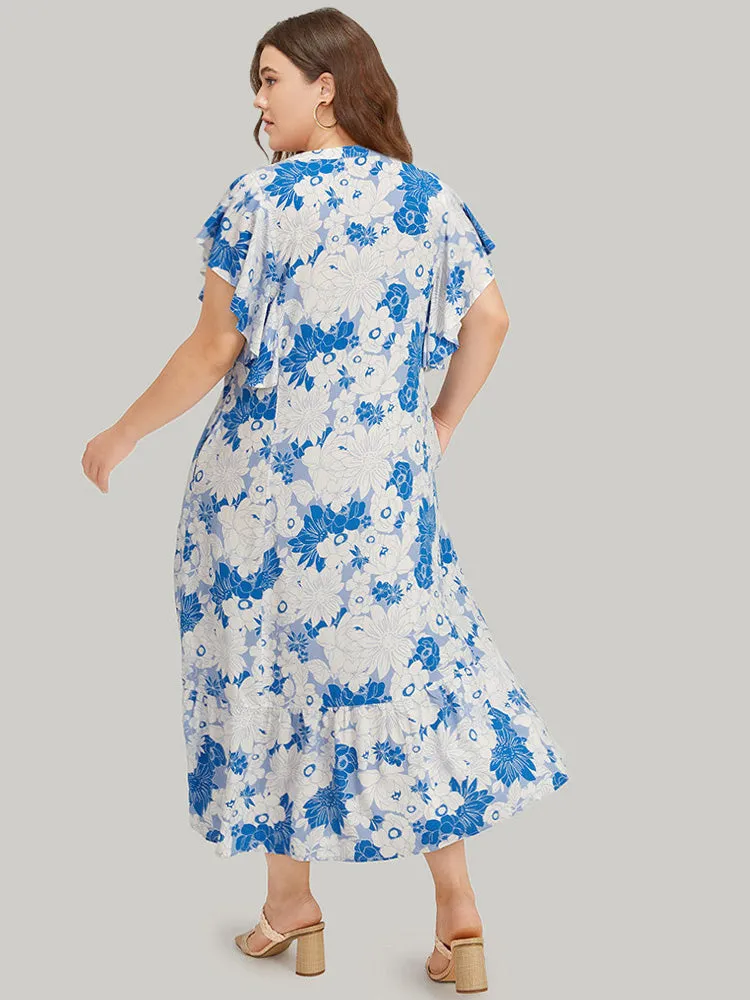 Floral Notched Plicated Detail Ruffle Cap Sleeve Dress sold by Bloomchic product image thumbnail 3