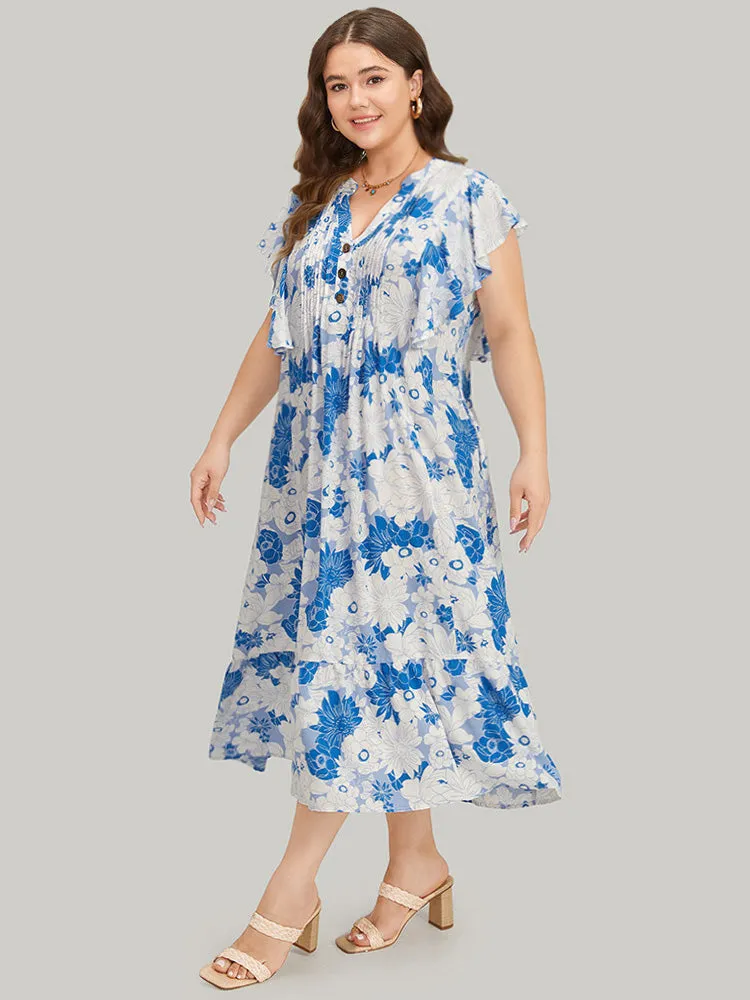 Floral Notched Plicated Detail Ruffle Cap Sleeve Dress sold by Bloomchic product image thumbnail 2