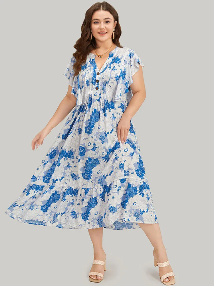 Floral Notched Plicated Detail Ruffle Cap Sleeve Dress sold by Bloomchic