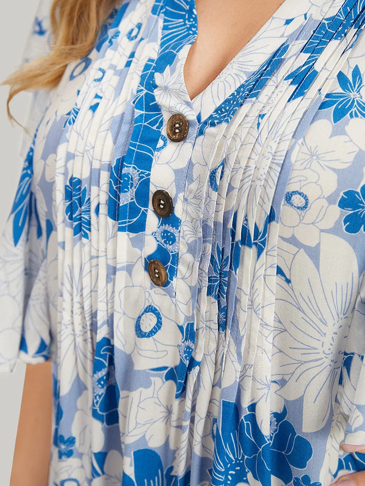 Floral Notched Plicated Detail Ruffle Cap Sleeve Dress sold by Bloomchic product image thumbnail 5