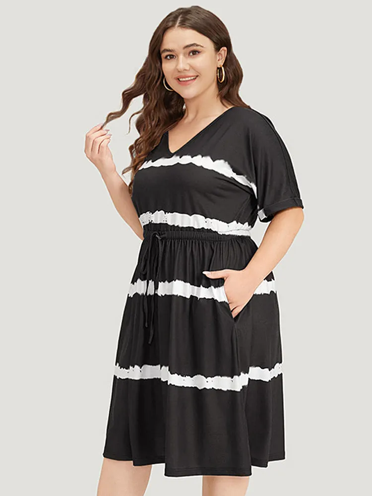 Striped Tie Dye Pocket Drawstring Gathered Dress sold by Bloomchic product image thumbnail 2