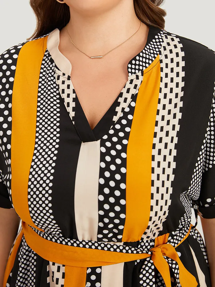 Polka Dot Patchwork Striped Belted Notched Dress sold by Bloomchic product image thumbnail 5