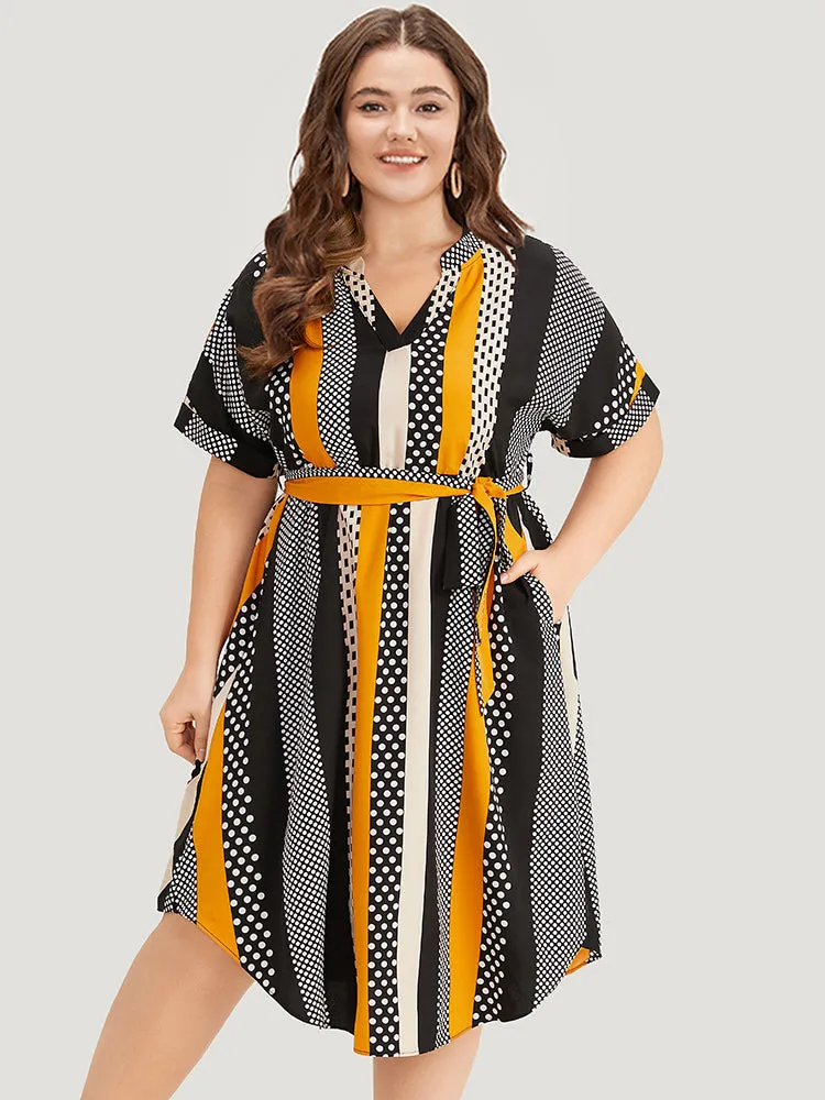 Polka Dot Patchwork Striped Belted Notched Dress sold by Bloomchic product image thumbnail 2