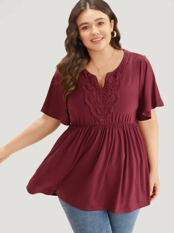 Plain Guipure Lace Notched Gathered Flutter Sleeve T-shirt sold by Bloomchic