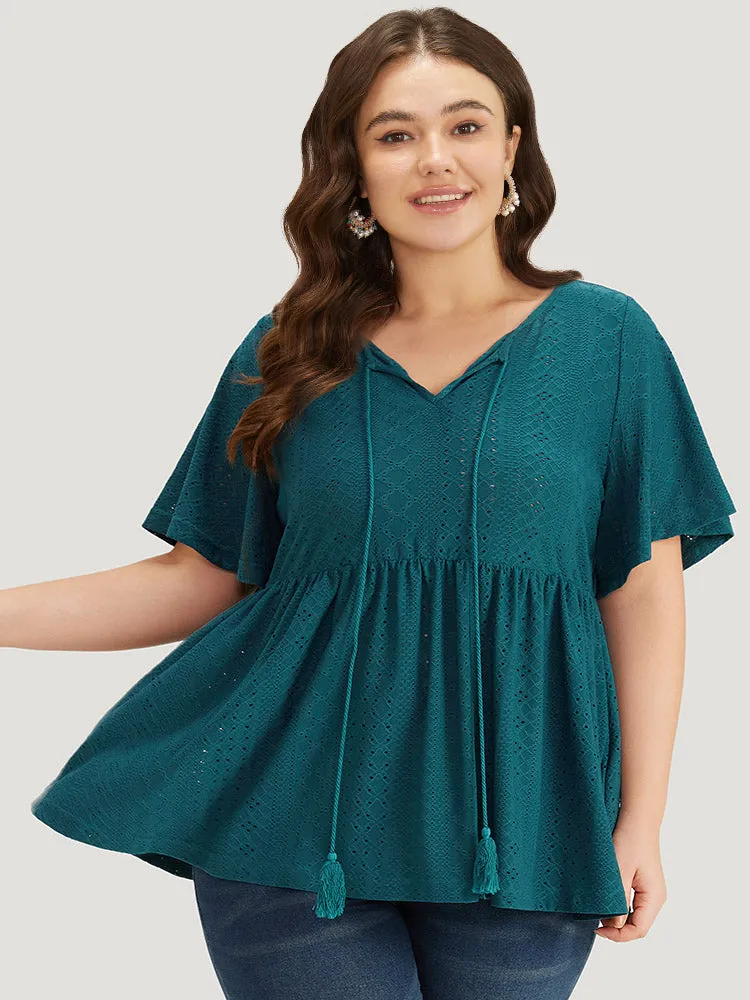 Broderie Anglaise Knot Neck Tassel Trim Ruffle Hem T-shirt sold by Bloomchic