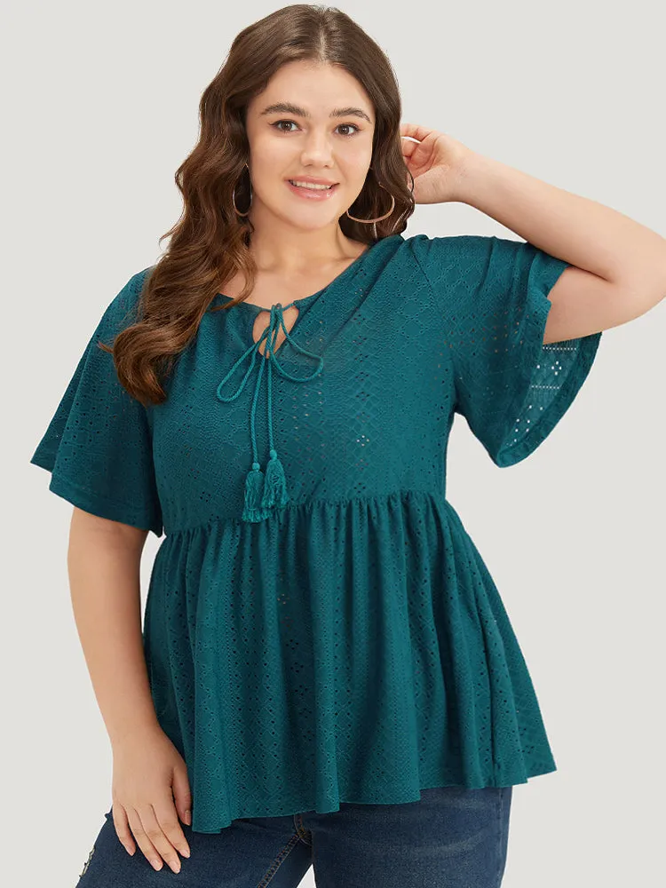 Broderie Anglaise Knot Neck Tassel Trim Ruffle Hem T-shirt sold by Bloomchic product image thumbnail 5