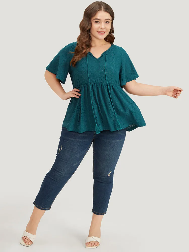 Broderie Anglaise Knot Neck Tassel Trim Ruffle Hem T-shirt sold by Bloomchic product image thumbnail 4