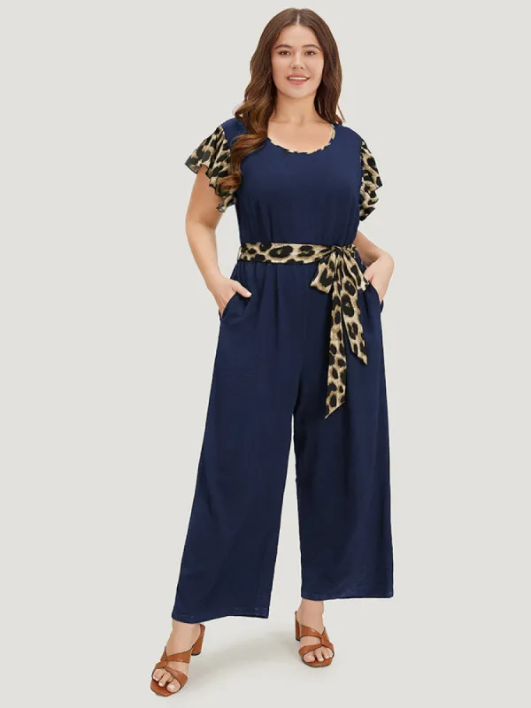 Leopard Patchwork Pocket Belted Ruffle Sleeve Jumpsuit sold by Bloomchic