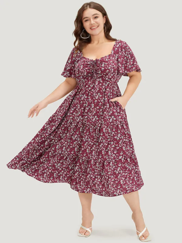 Ditsy Floral Pocket Drawstring Ruched Flutter Sleeve Dress sold by Bloomchic