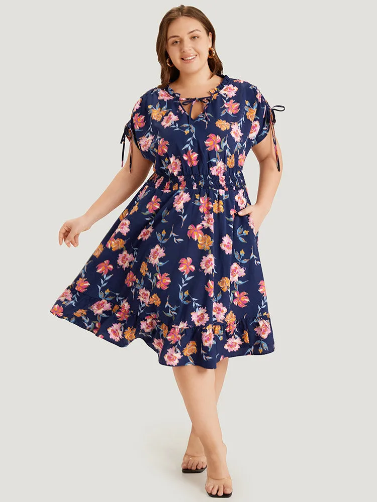 Floral Knot Neck Drawstring Dolman Sleeve Shirred Dress sold by Bloomchic product image thumbnail 2
